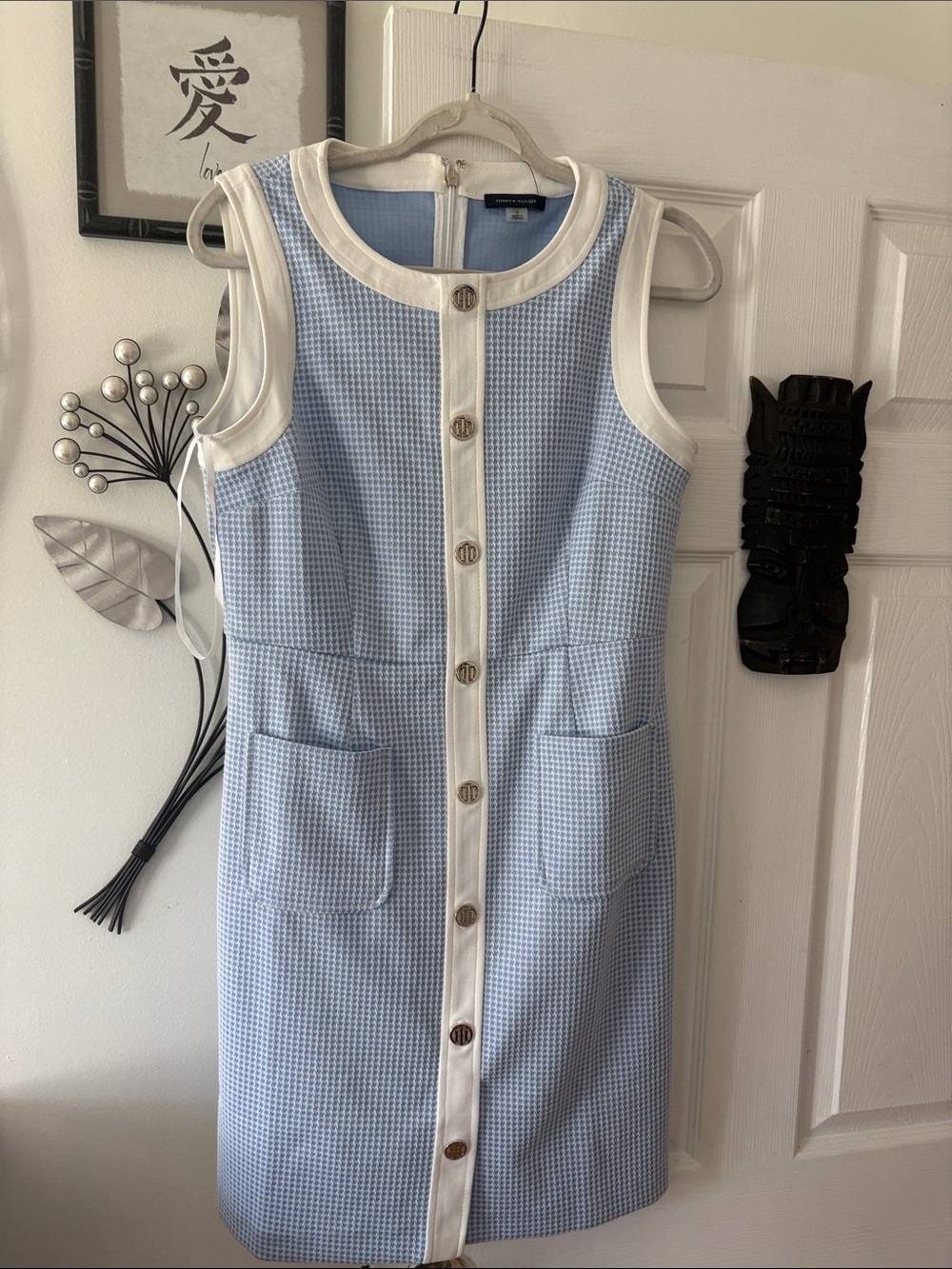 Tommy Hilfiger Light Blue Mini Shift Dress with White Trim